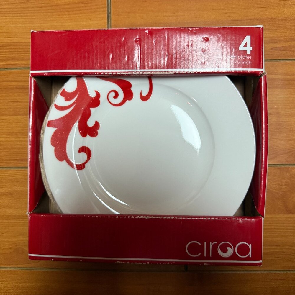 CIROA Red Scroll Salad Plates NEW IN BOX Set of 4 Fiori 7.5 inches White Swirl